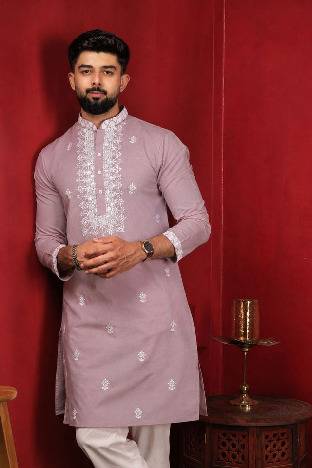 Mens Pink Embroidered Cotton Kurta Set (ACA9276)