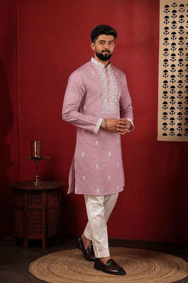 Mens Pink Embroidered Cotton Kurta Set (ACA9276)