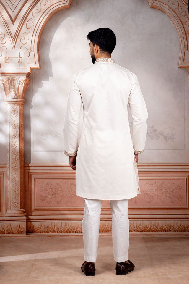 Mens White Embroidered Cotton Kurta Set (ACA9277)