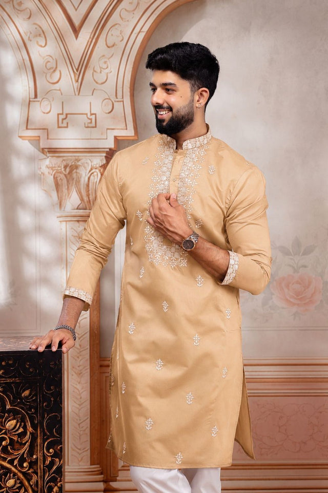 Mens Brown Embroidered Cotton Kurta Set (ACA9278)