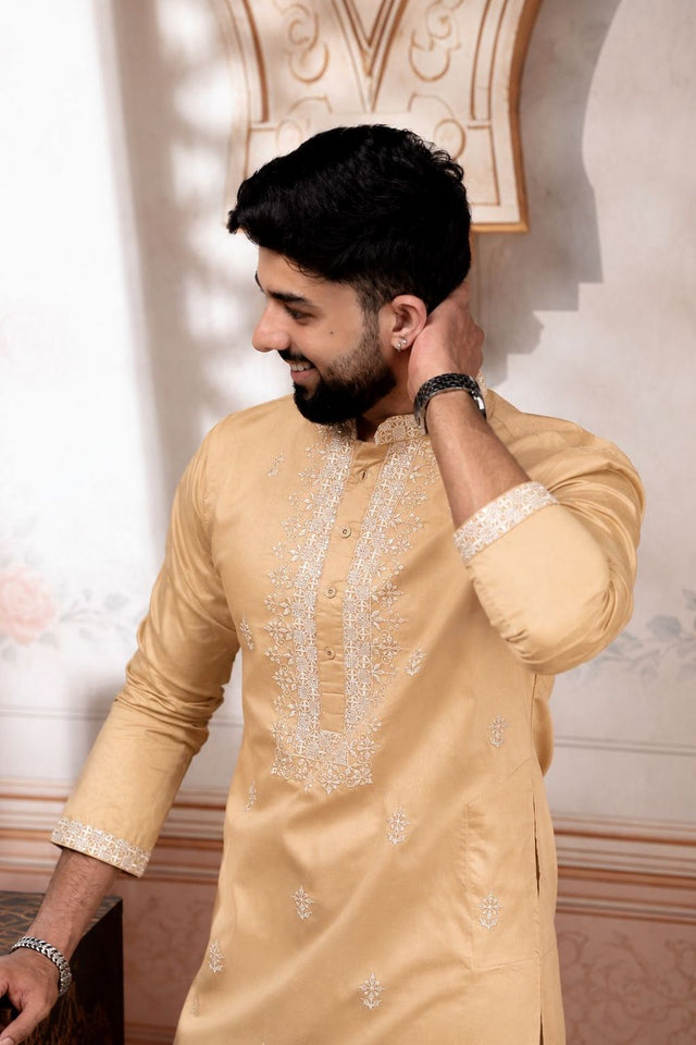 Mens Brown Embroidered Cotton Kurta Set (ACA9278)