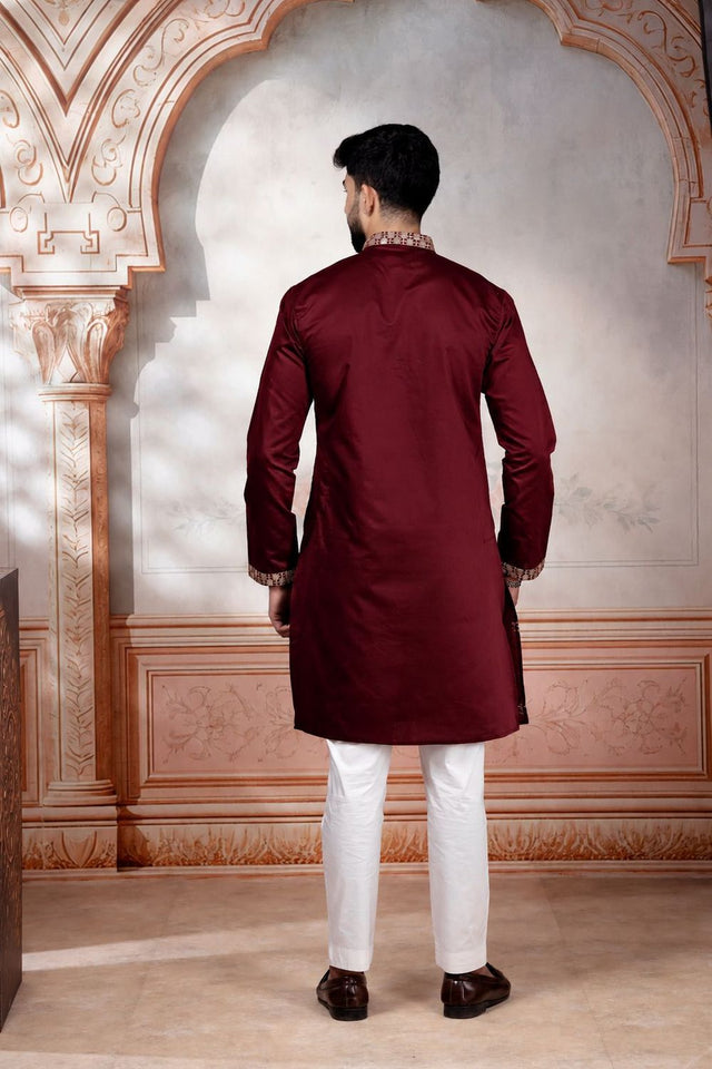 Mens Maroon Embroidered Cotton Kurta Set (ACA9279)