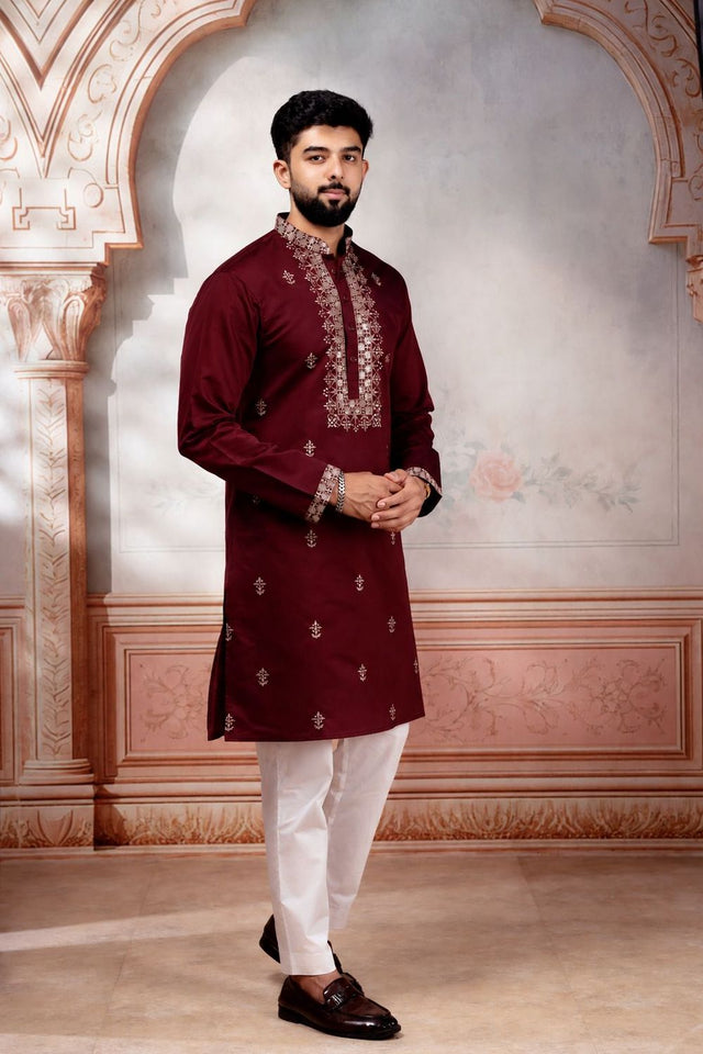 Mens Maroon Embroidered Cotton Kurta Set (ACA9279)