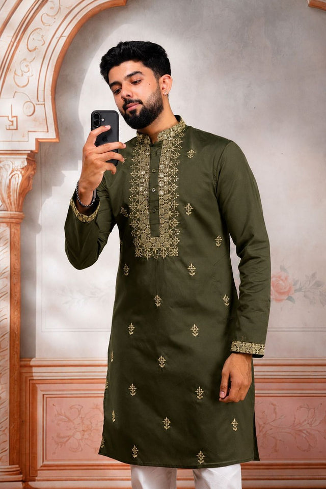 Mens Mehendi Embroidered Cotton Kurta Set (ACA9280)