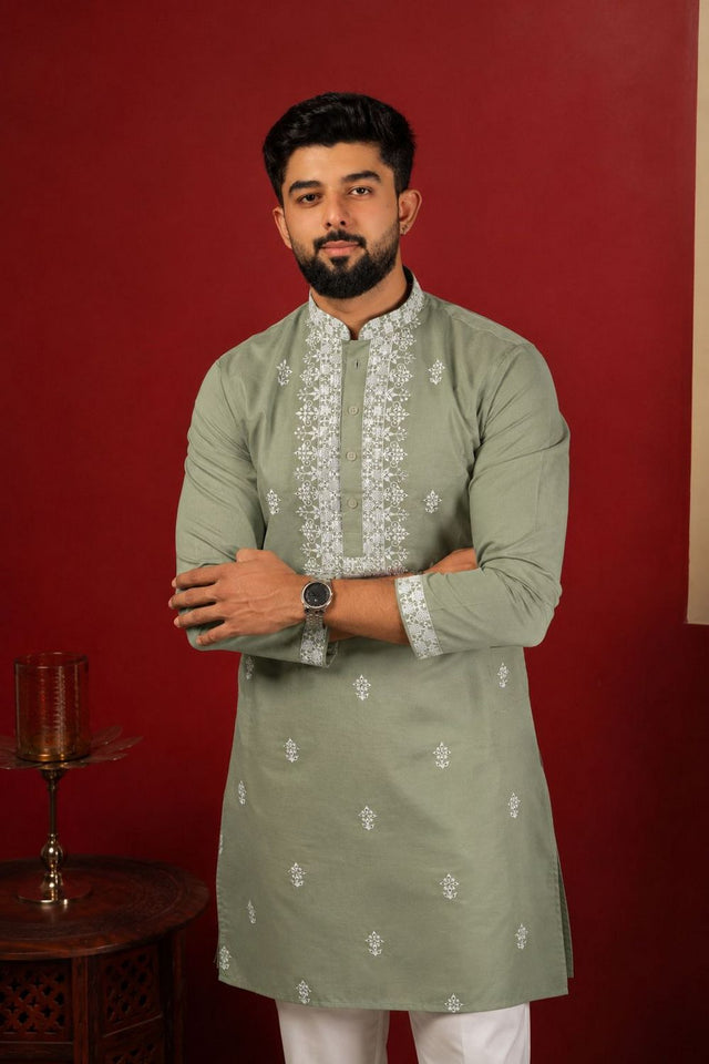 Mens Green Embroidered Cotton Kurta Set (ACA9281)