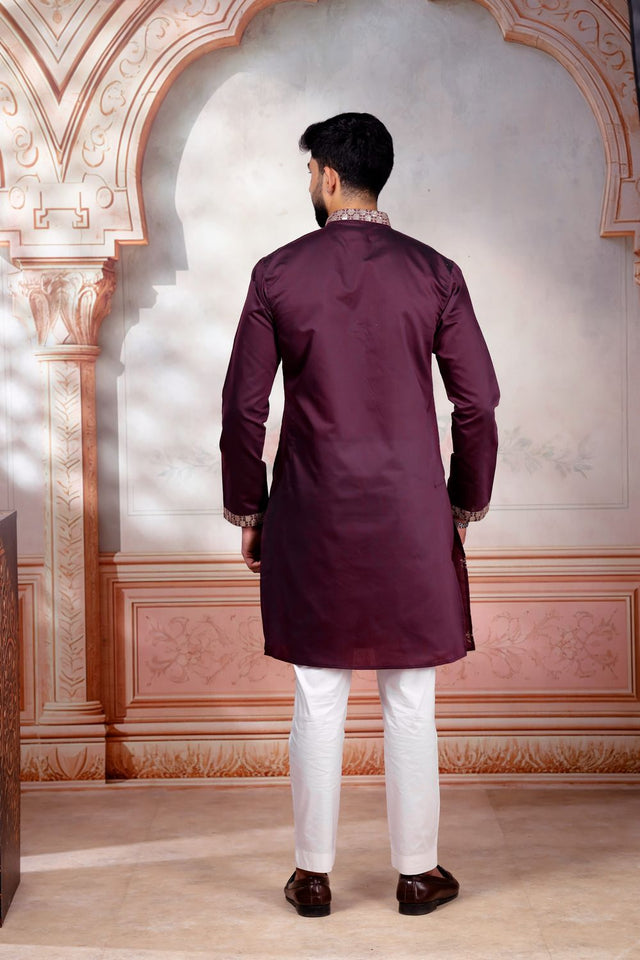 Mens Wine Embroidered Cotton Kurta Set (ACA9282)
