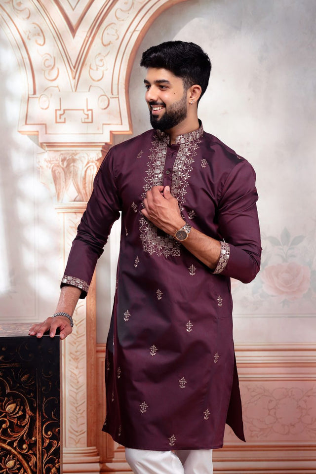 Mens Wine Embroidered Cotton Kurta Set (ACA9282)