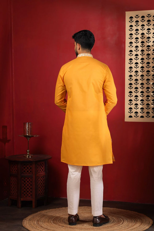 Mens Yellow Embroidered Cotton Kurta Set (ACA9283)