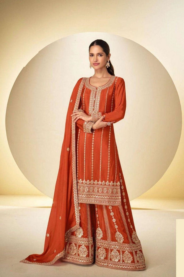 Orange Sequin Embroidered Chinon Free Size Stithced Sharara Suit (ACA9285)