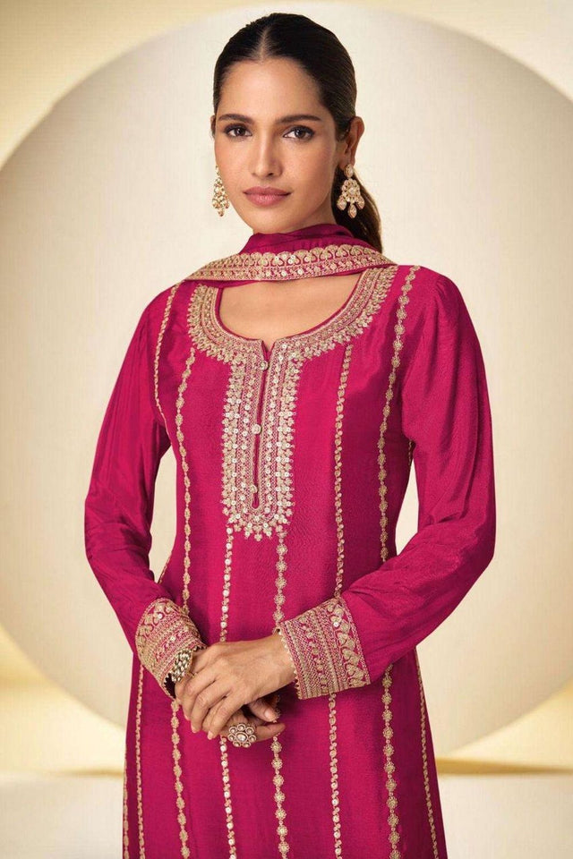 Pink Sequin Embroidered Chinon Free Size Stithced Sharara Suit (ACA9286)