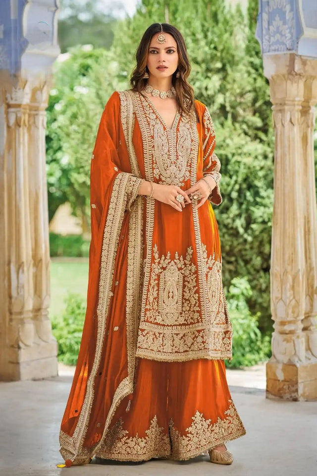 Orange Heavy Embroidered Chinon Free Size Stithced Sharara Suit (ACA9289)