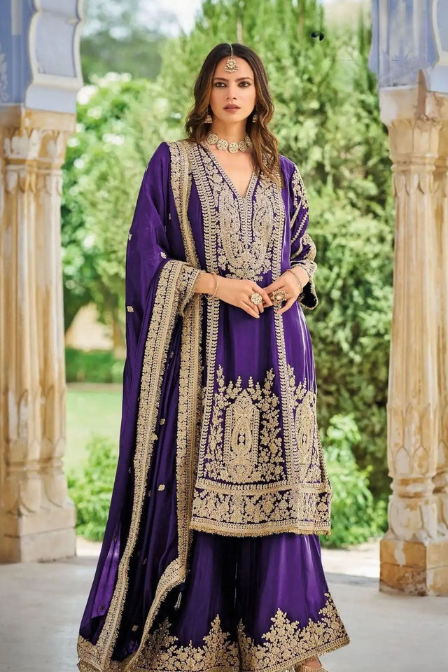 Purple Heavy Embroidered Chinon Free Size Stithced Sharara Suit (ACA9290)