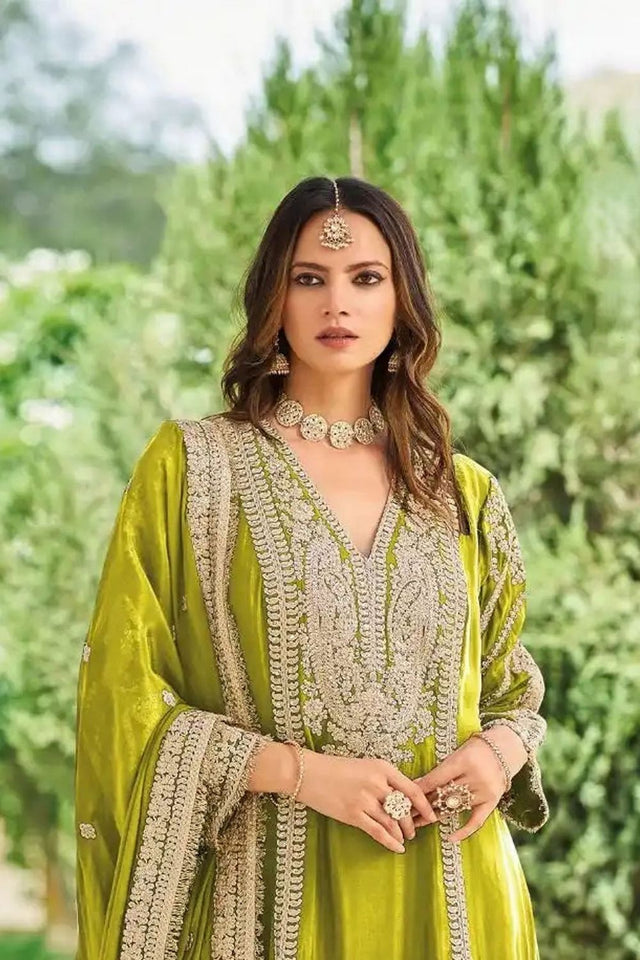 Olive Green Heavy Embroidered Chinon Free Size Stithced Sharara Suit (ACA9291)
