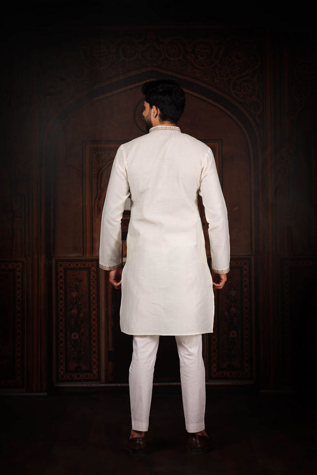 Mens White Jacquard Cotton Kurta Set (ACA9292)