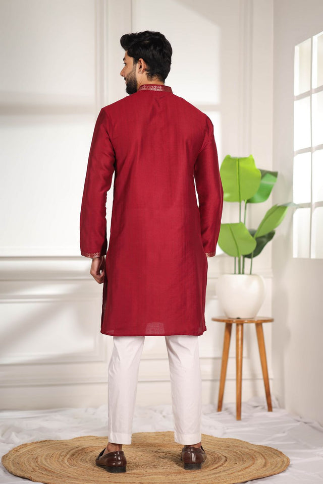 Mens Maroon Jacquard Cotton Kurta Set (ACA9294)