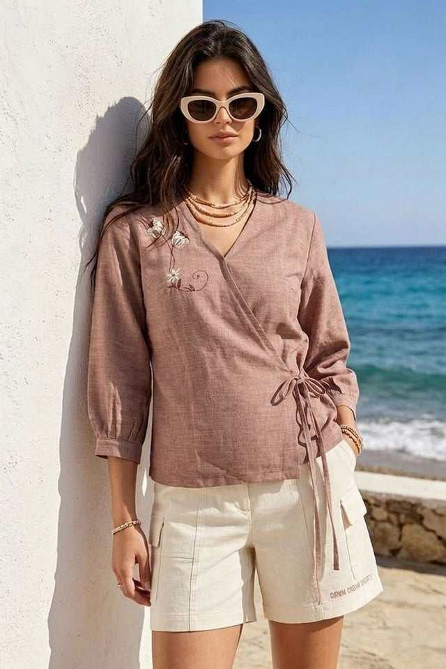 Pink Floral Embroidered Cotton Blend Top (ACA9297)