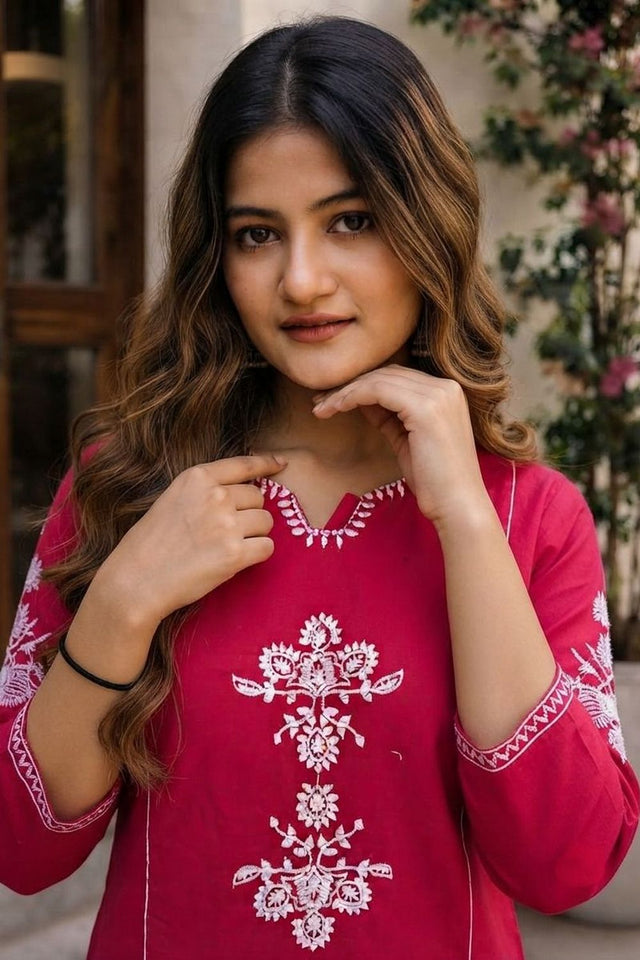 Pink Embroidered Cotton Kurti Pant Set (ACA9301)