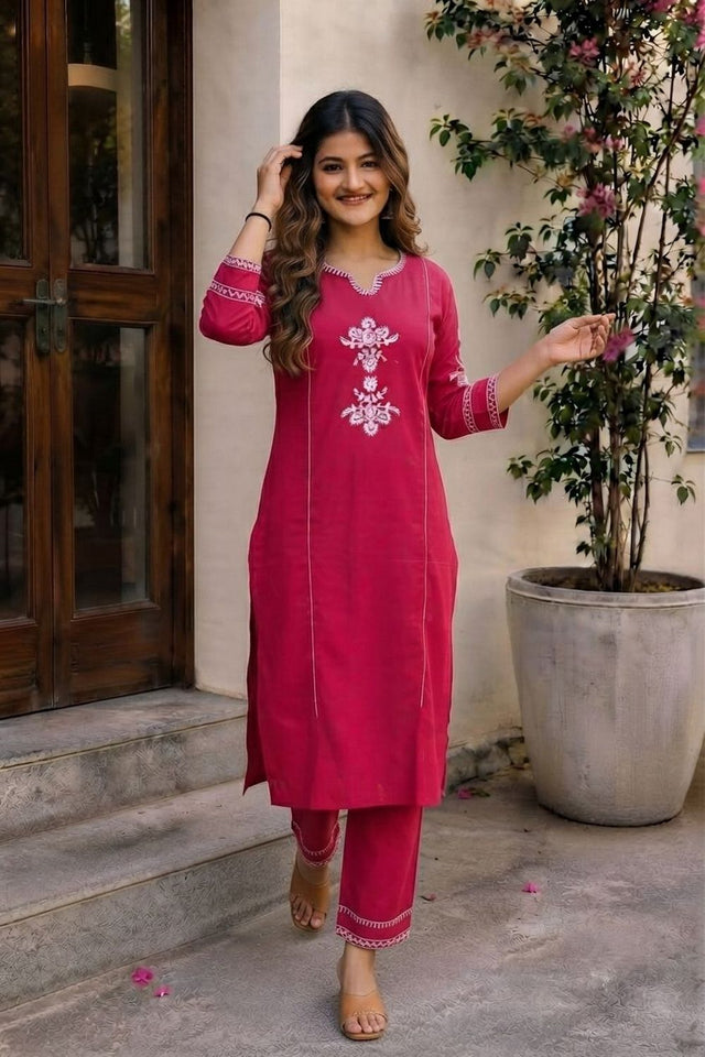 Pink Embroidered Cotton Kurti Pant Set (ACA9301)