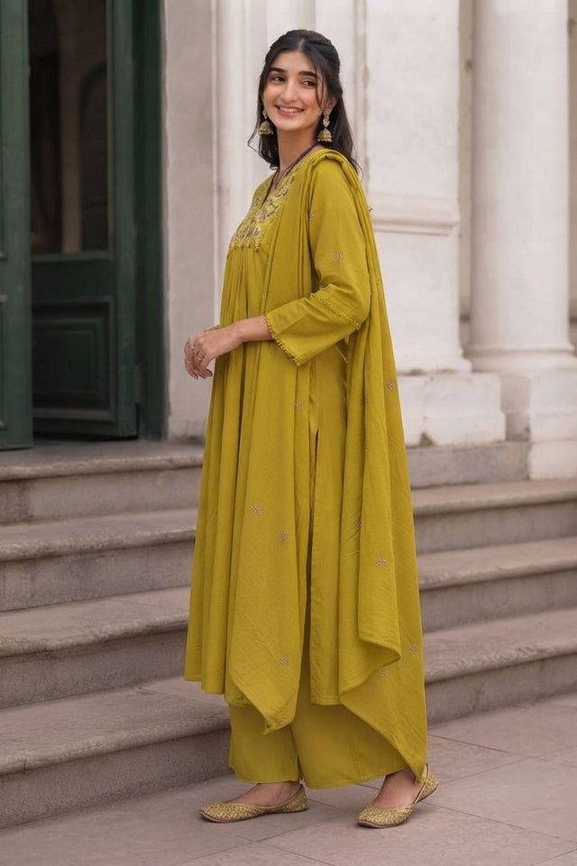 Mehendi Embroidered Cotton Anarkali Suit (ACA9303)