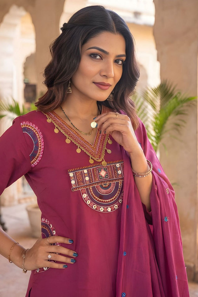 Pink Embroidered Cotton Kurti Pant Set (ACA9304)