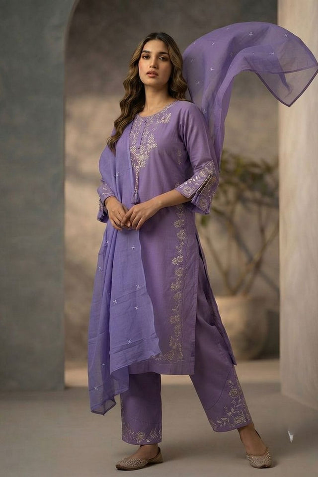 Lavender Floral Embroidered Cotton Kurti Pant Set (ACA9305)