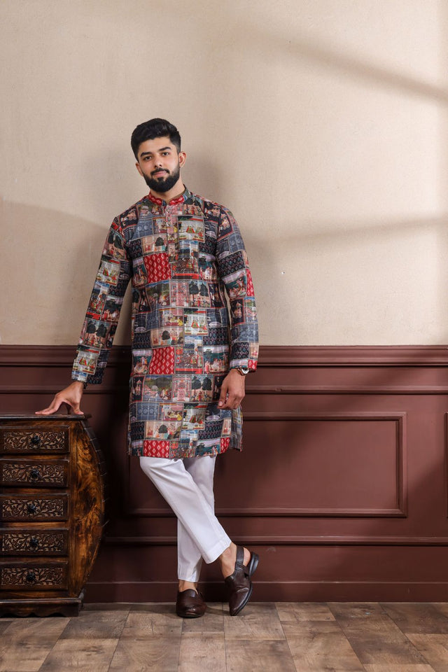 Mens Black Printed Cotton Kurta Set (ACA9315)