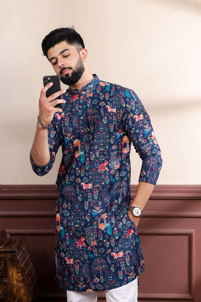 Mens Black Printed Cotton Kurta Set (ACA9319)