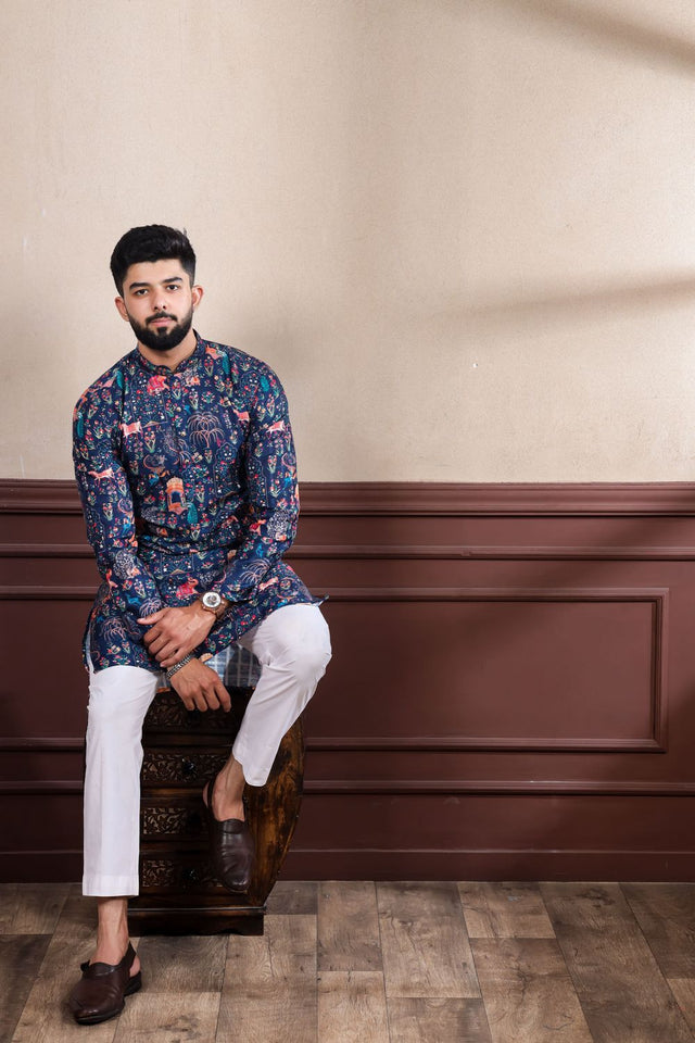 Mens Black Printed Cotton Kurta Set (ACA9319)