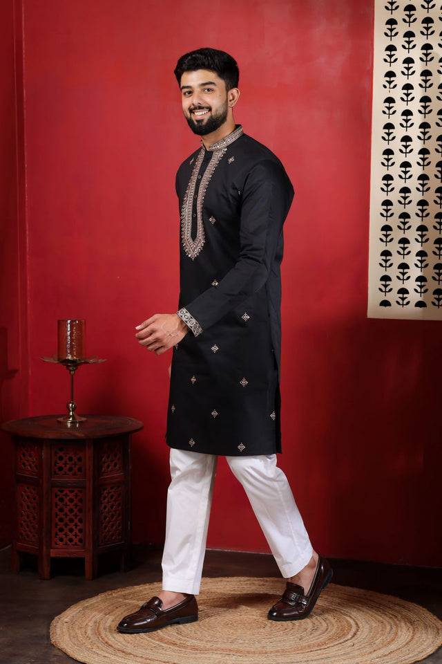 Mens Black Embroidered Cotton Kurta Set (ACA9326)