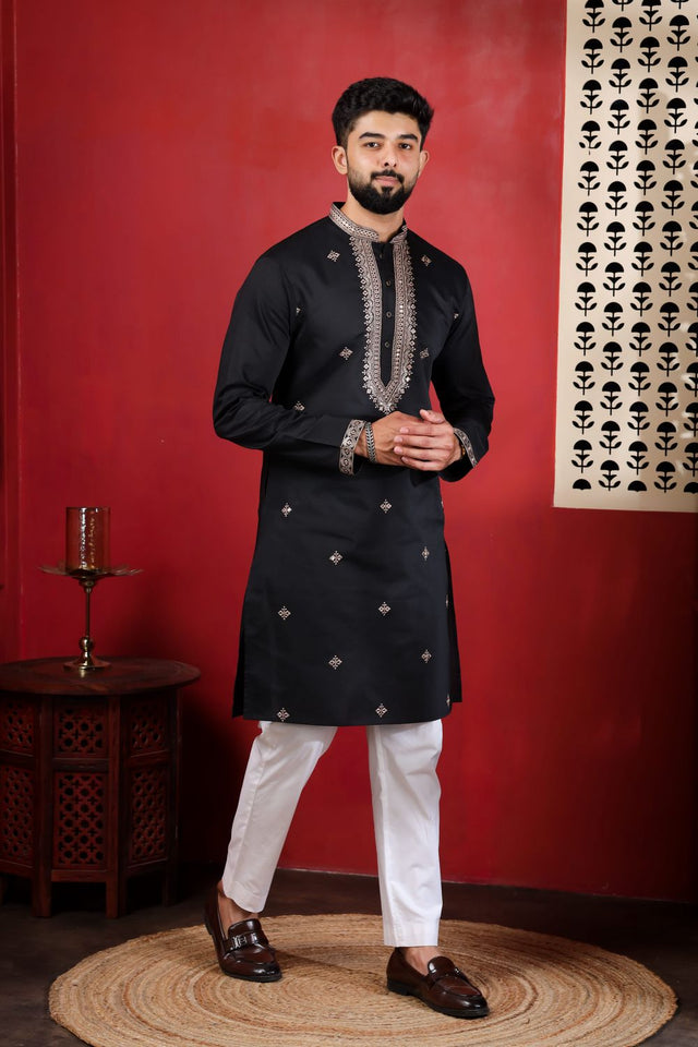 Mens Black Embroidered Cotton Kurta Set (ACA9326)