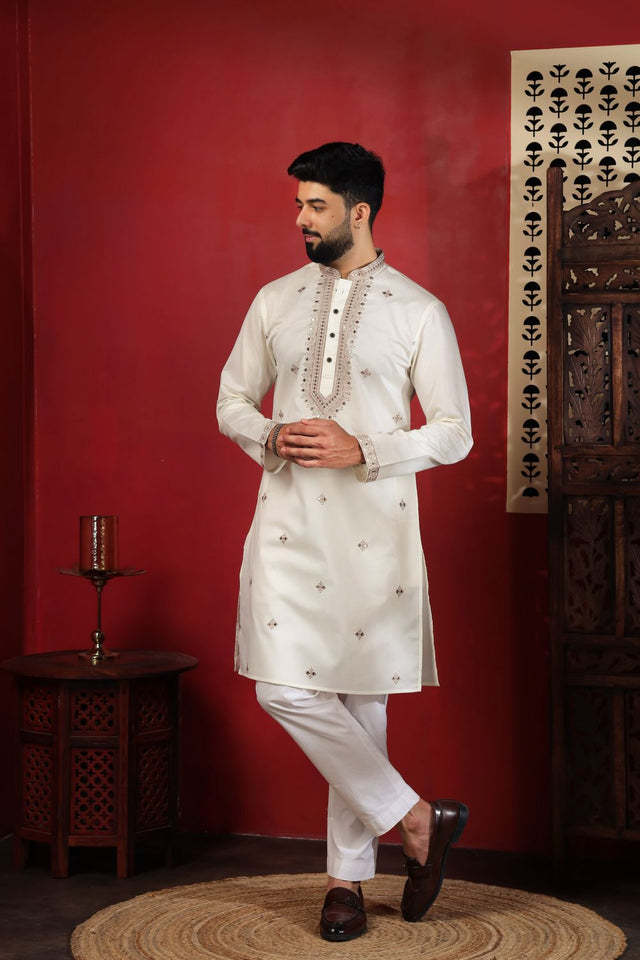 Mens Pink Embroidered Cotton Kurta Set (ACA9332)