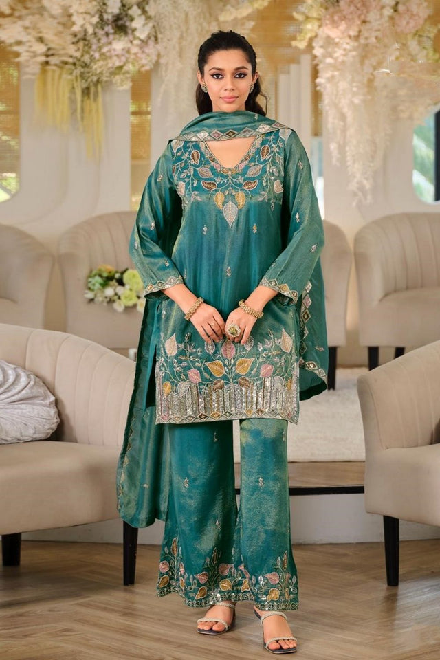 Turquoise Heavy Embroidered Kurti Pant Set (ACA9335)