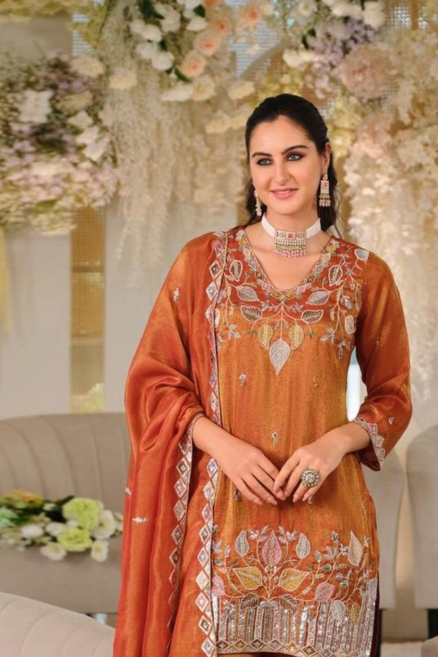 Orange Heavy Embroidered Kurti Pant Set (ACA9337)