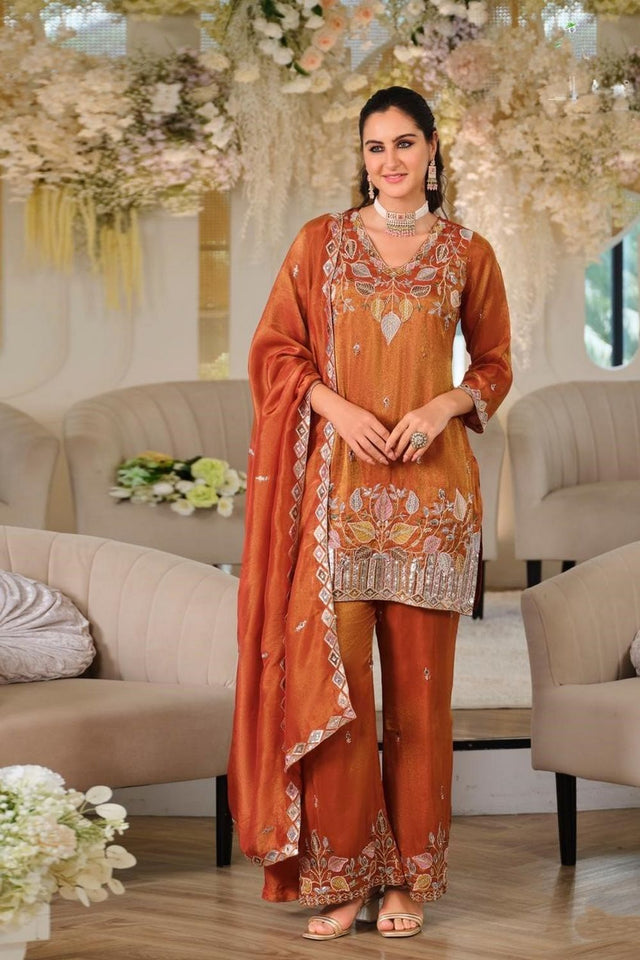 Orange Heavy Embroidered Kurti Pant Set (ACA9337)