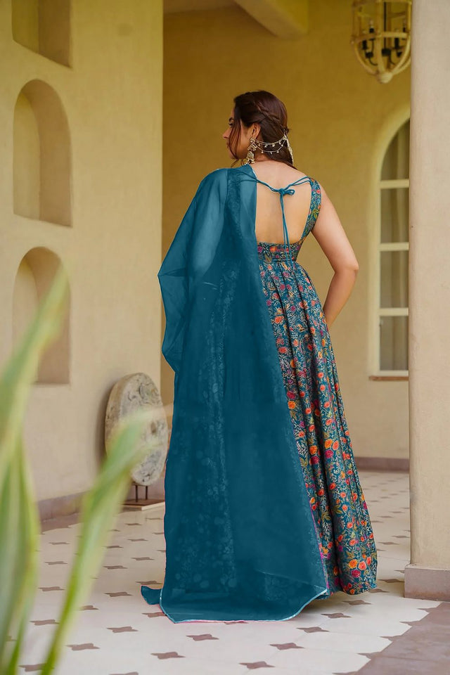 Blue Floral Printed Silk Gown (ACA9339)