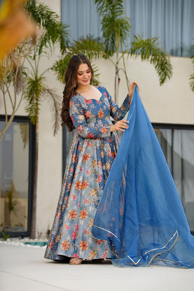 Blue Floral Printed Silk Gown (ACA9342)