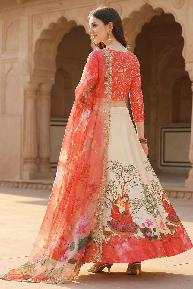 Cream Printed Satin Lehenga (ACA9345)