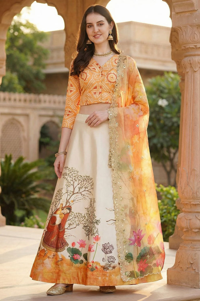 Cream Printed Satin Lehenga (ACA9346)
