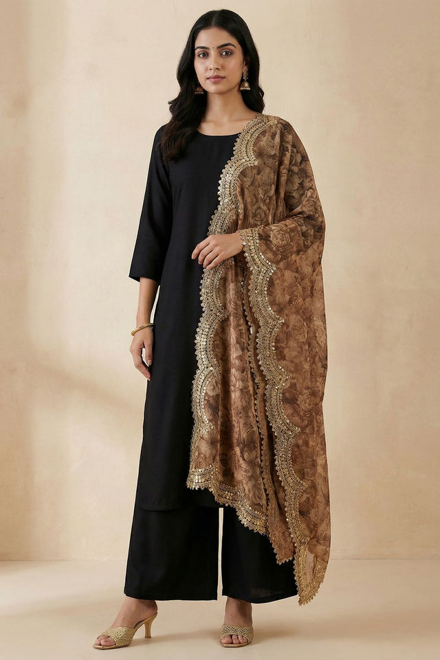 Brown Printed Organza Dupatta (ACA9352)