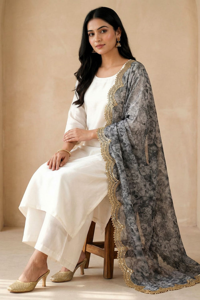 Grey Printed Organza Dupatta (ACA9354)