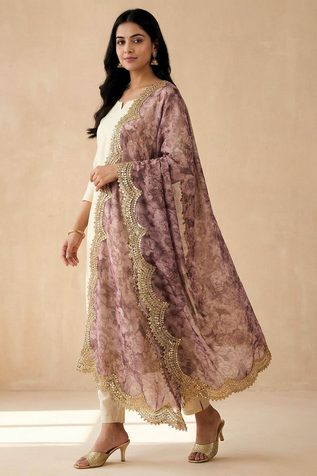 Purple Printed Organza Dupatta (ACA9355)