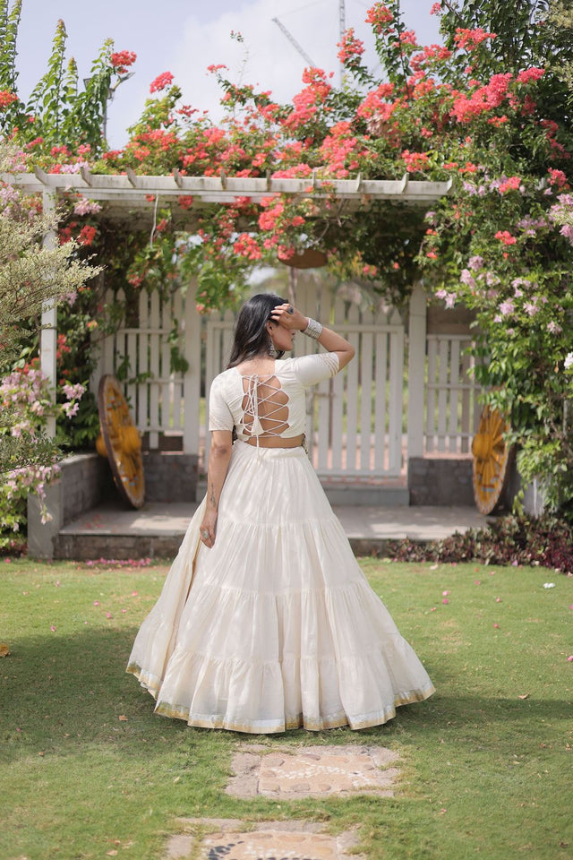 Off White Embroidered with Mirror Work Lehenga (ACA9366)