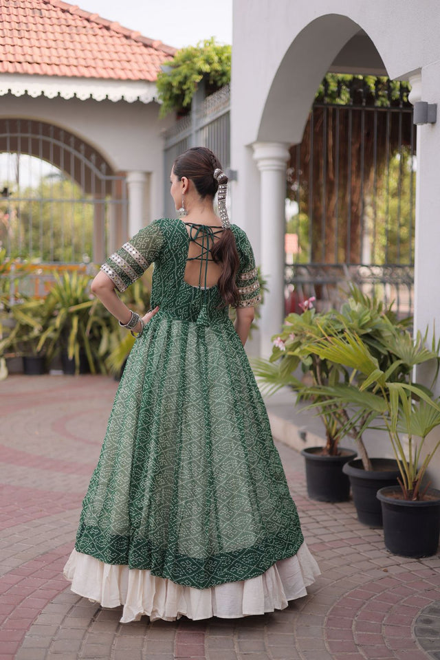 Off White Embroidered with Bandhani Printed Green Lehenga (ACA9368)