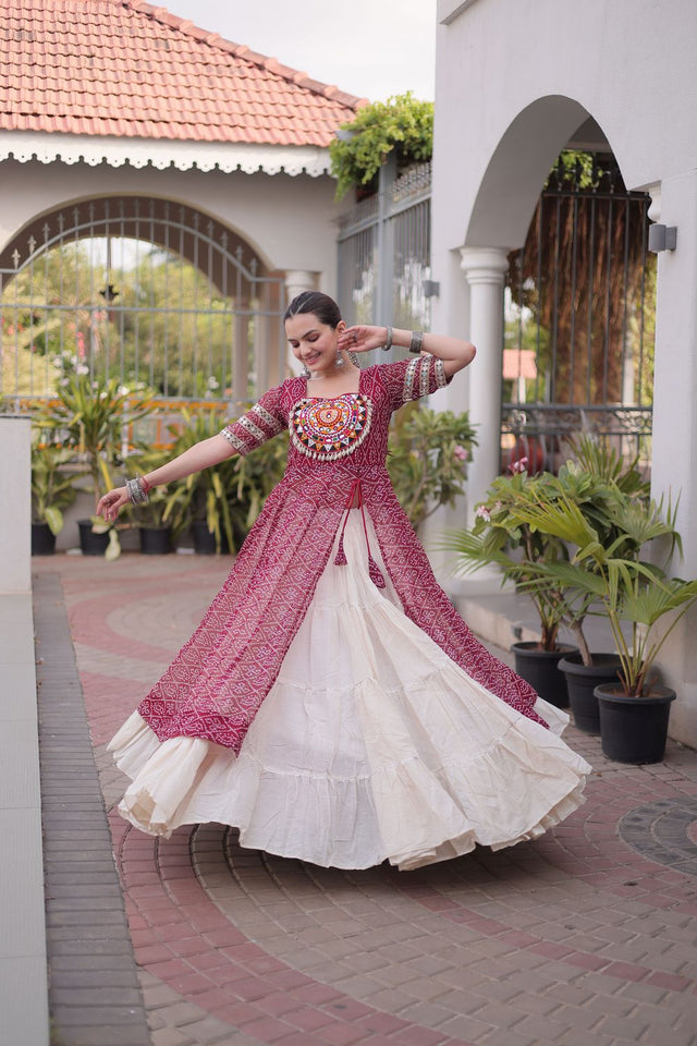 Off White Embroidered with Bandhani Printed Maroon Lehenga (ACA9369)