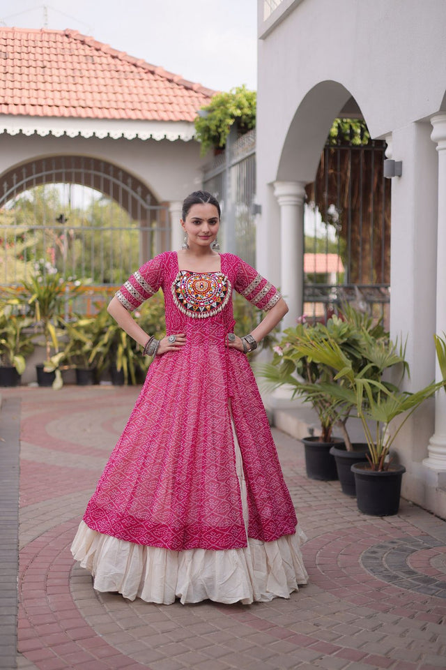 Off White Embroidered with Bandhani Printed Pink Lehenga (ACA9370)