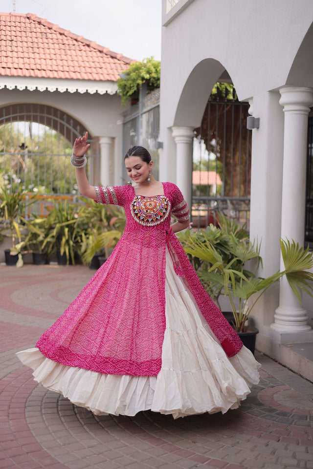 Off White Embroidered with Bandhani Printed Pink Lehenga (ACA9370)