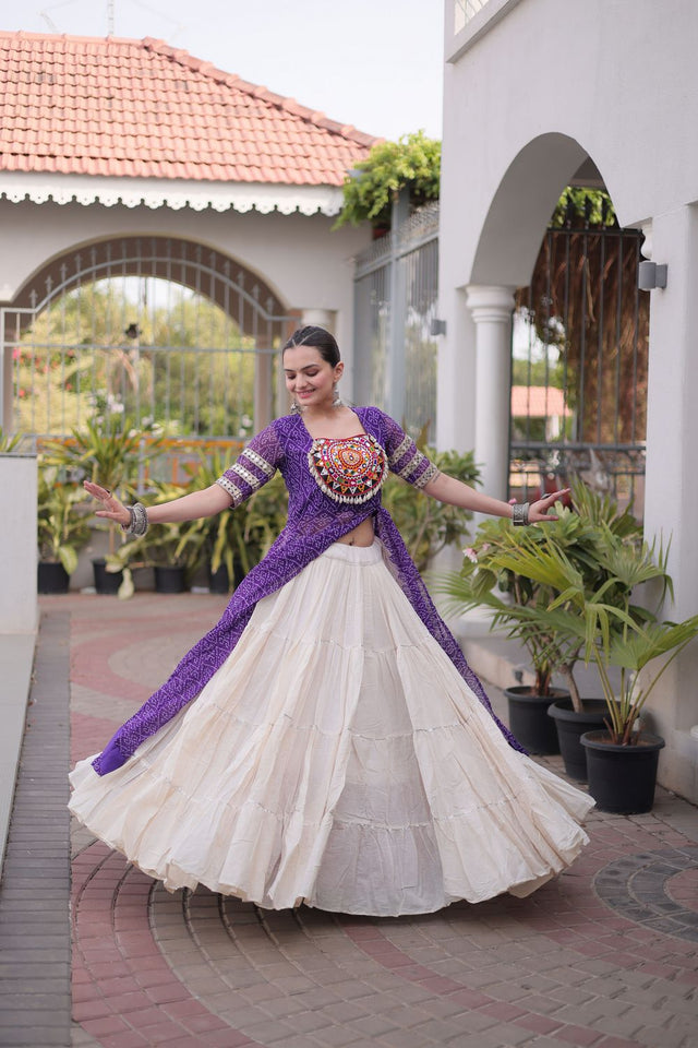 Off White Embroidered with Bandhani Printed Purple Lehenga (ACA9371)