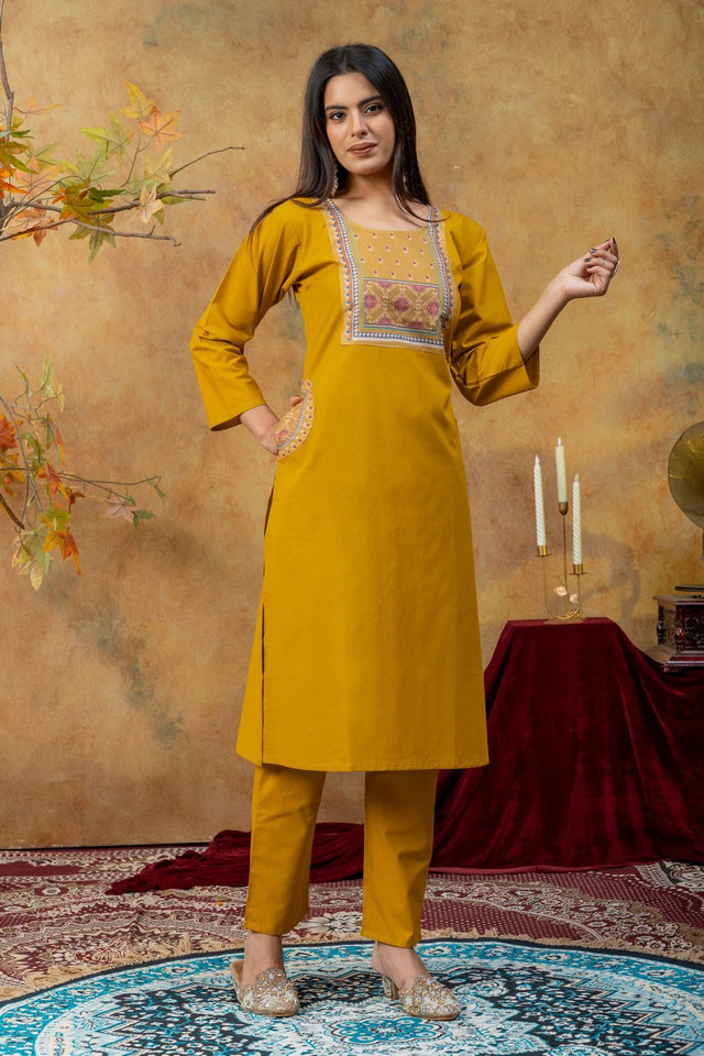 Mustard Embroidered Cotton Kurti Pant Set (ACA9372)