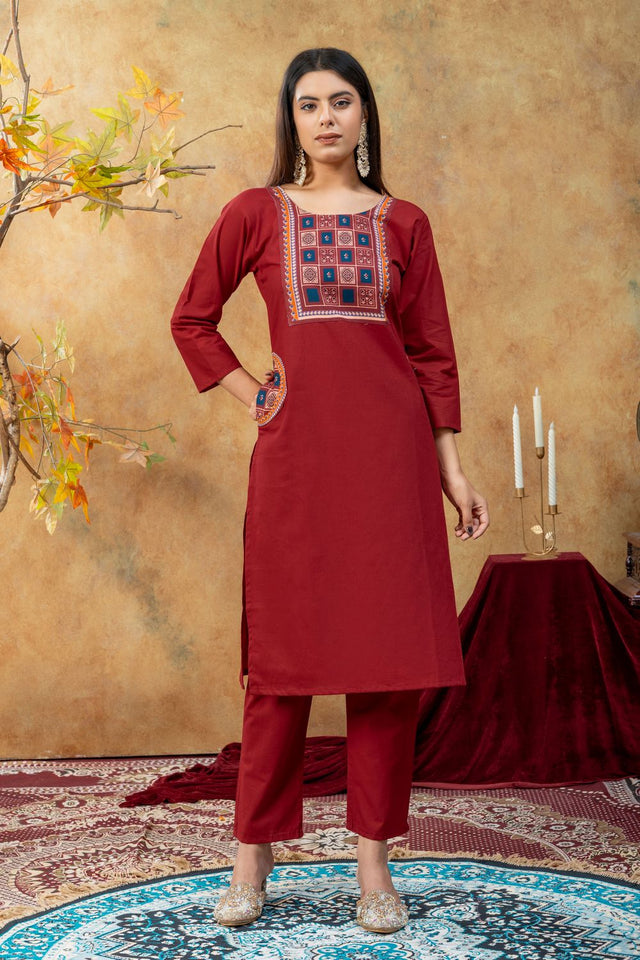 Maroon Embroidered Cotton Kurti Pant Set (ACA9373)