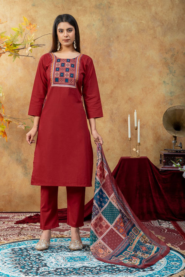 Maroon Embroidered Cotton Kurti Pant Set (ACA9373)